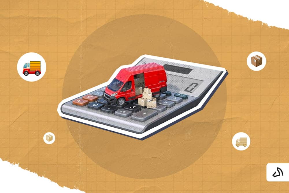 A red toy van and small boxes on top of a calculator