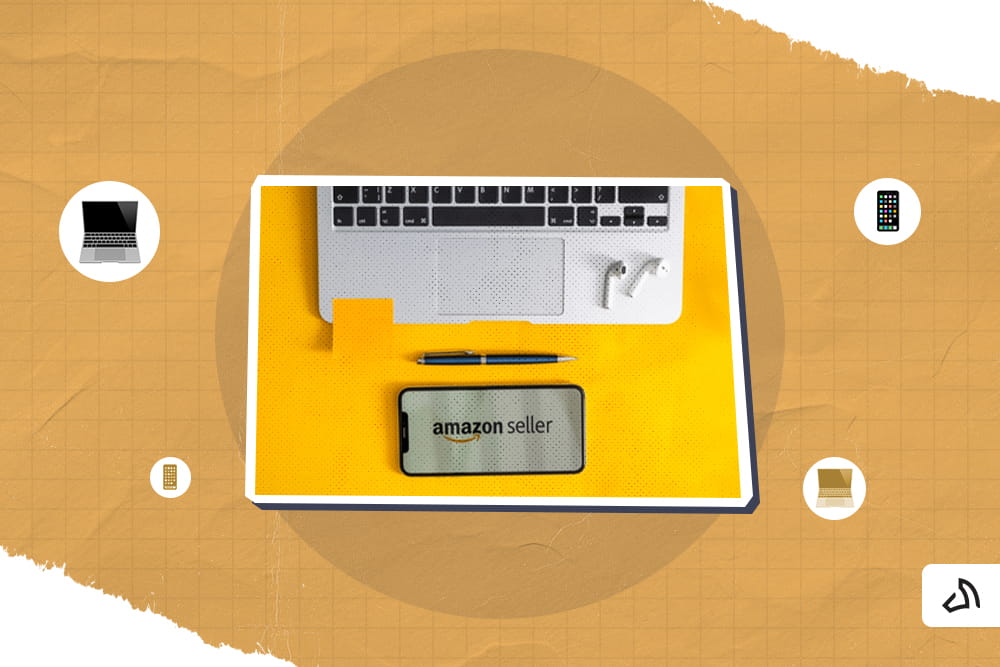 Un téléphone avec le logo du vendeur Amazon posé sur une table jaune
