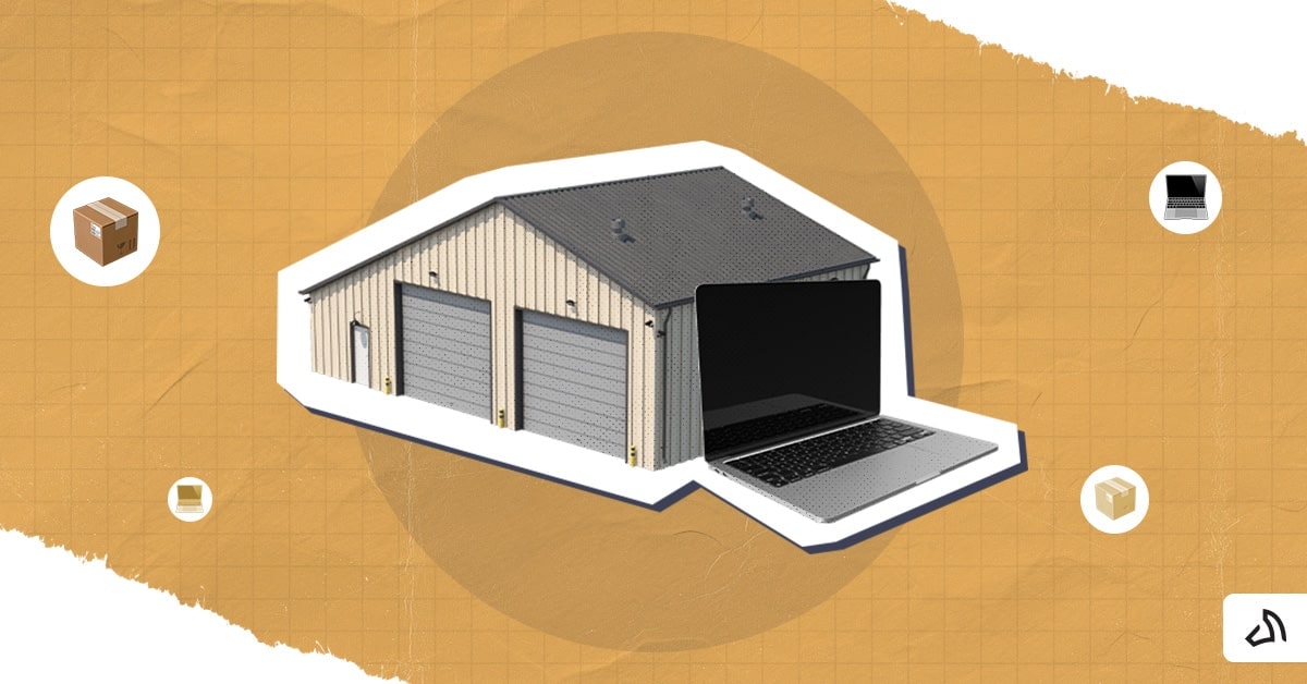 A laptop beside an eCommerce warehouse