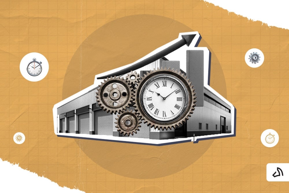 A gear cog in the middle of the image of a warehouse