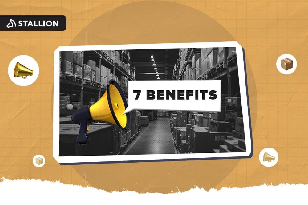 A megaphone with the text 7 benefits and the background of a warehouse