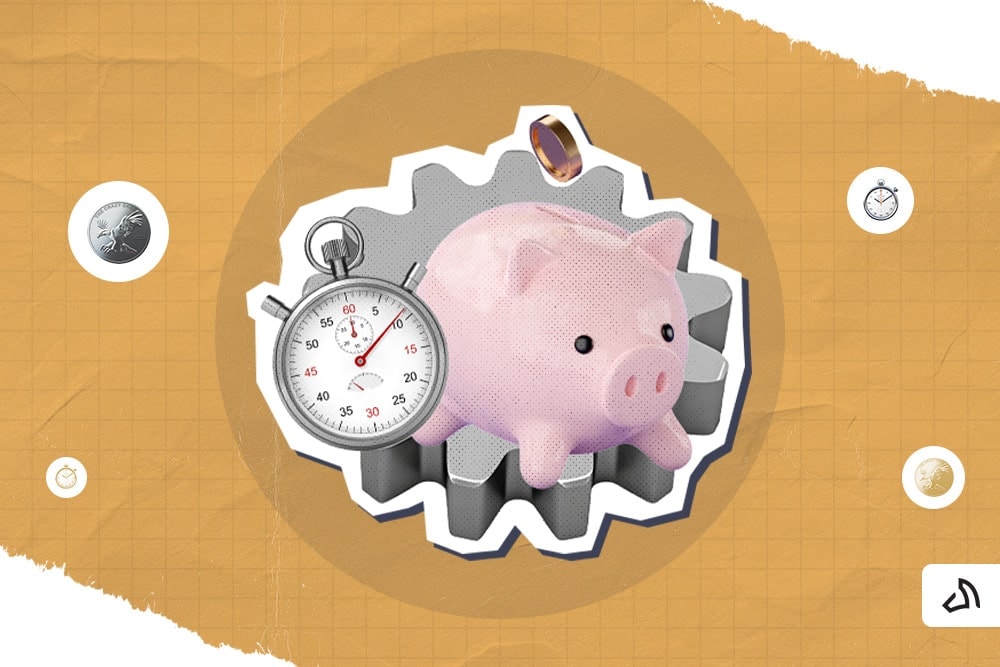 A piggy bank and a stop watch on top of a gear cog