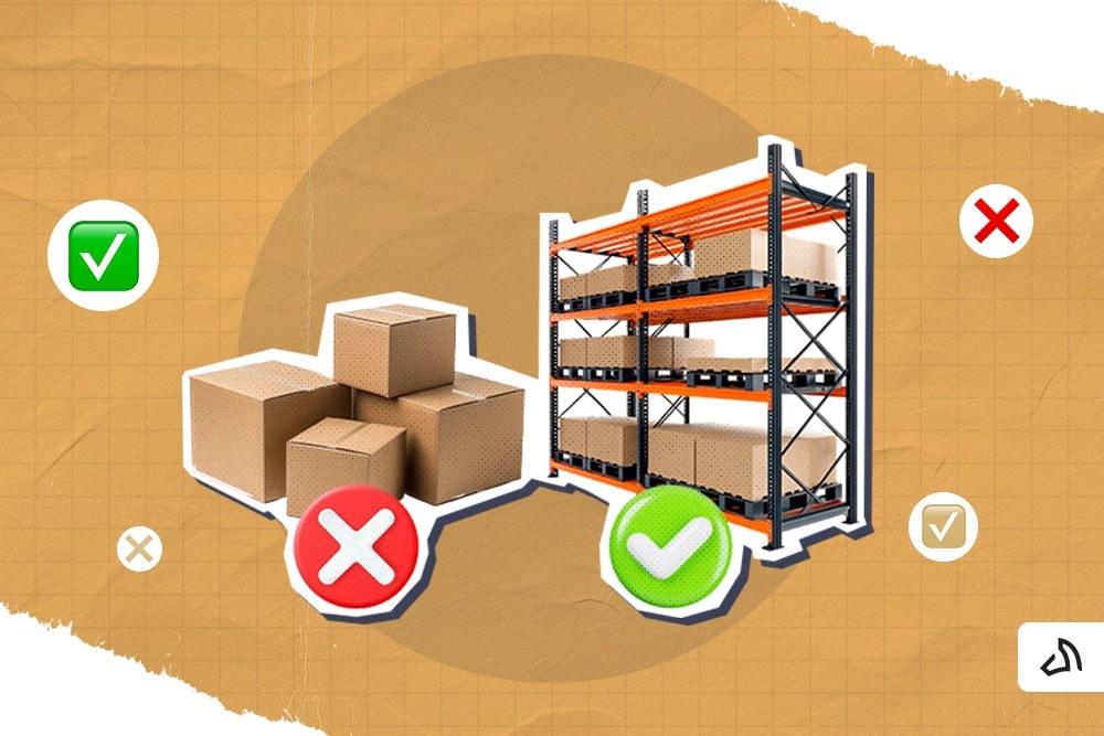 A stack of boxes on the left and a neatly arranged boxes in a storage rack