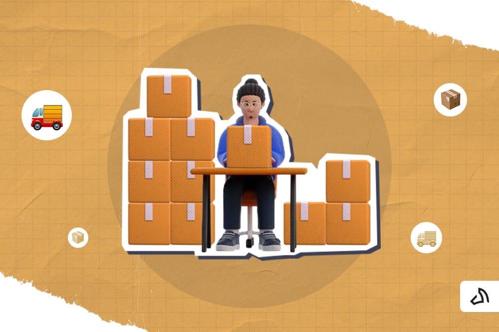 A 3D animation of a person sitting with a stack of boxes on his back and one in front of him