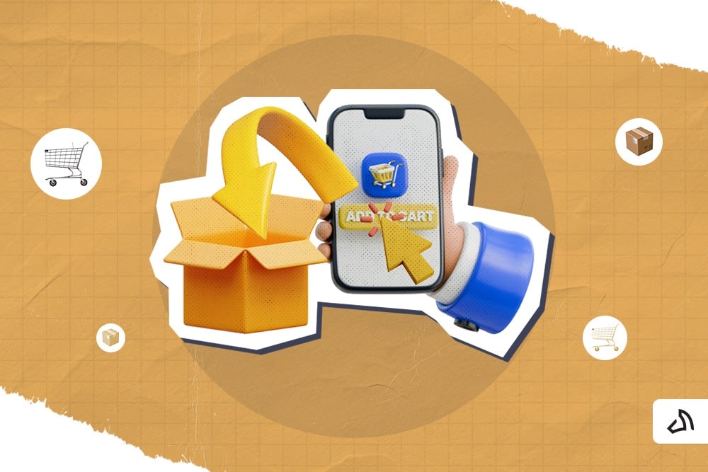 A 3D graphic image of a hand holding a a phone with an orange box beside it