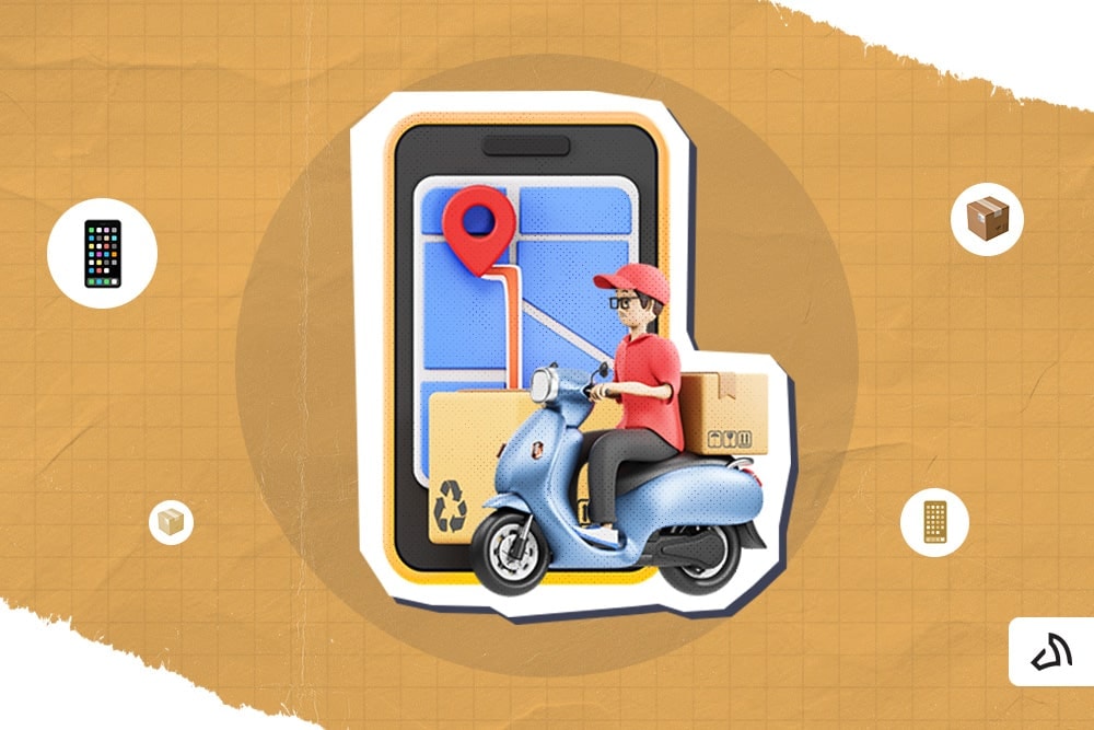 A 3D graphic image of a man riding a blue motorcycle with a tracking app at the back