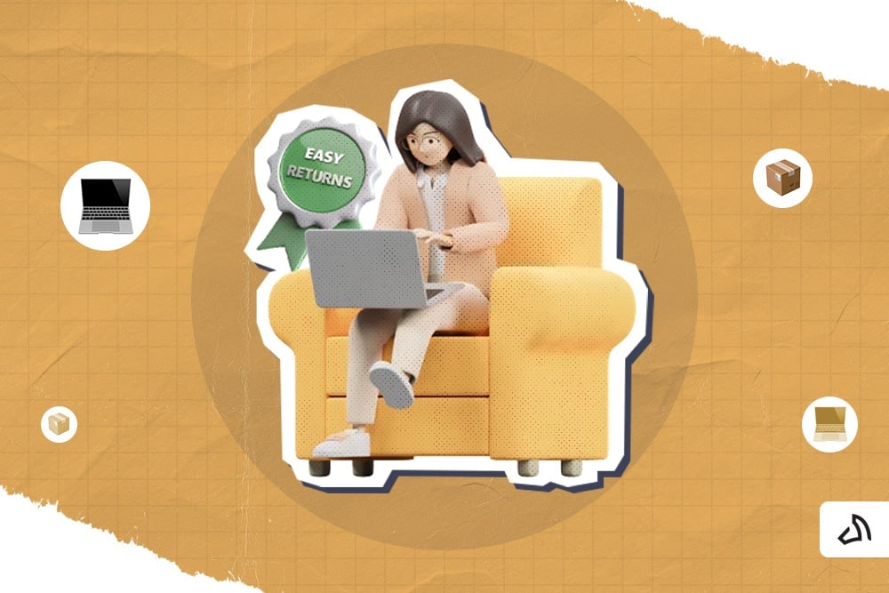 A 3D graphic image of a woman sitting on an orange couch with a laptop and the text "EASY RETURNS"
