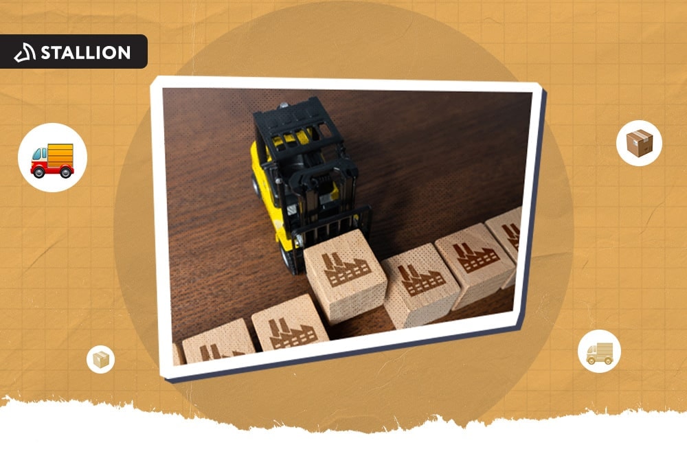 A forklift lifting a wooden block with a warehouse image stamp on it