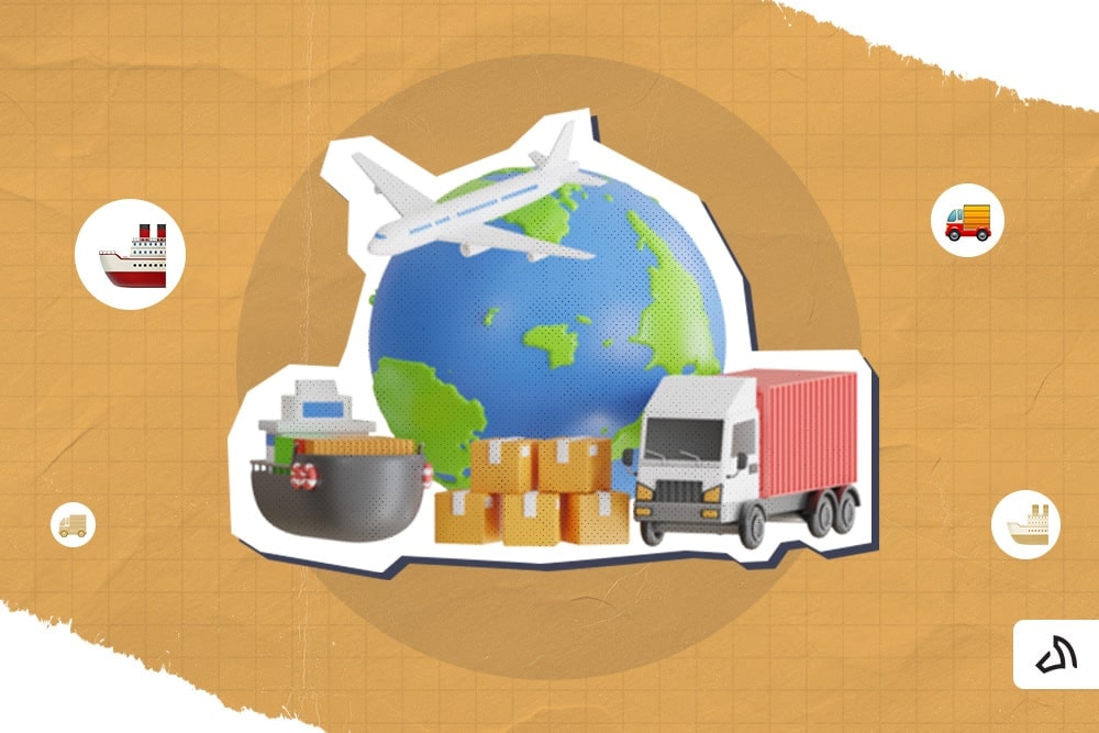 A globe surrounded by a truck, a ship, and an airplane with a stack of boxes in front