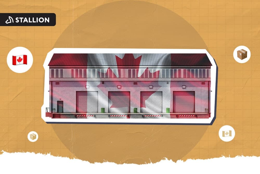 A warehouse with the faded image of the Canadian flag