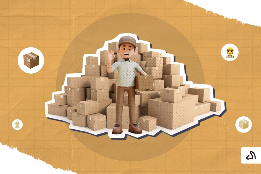 A3D graphic man holding a box standing in front of a stack of boxes
