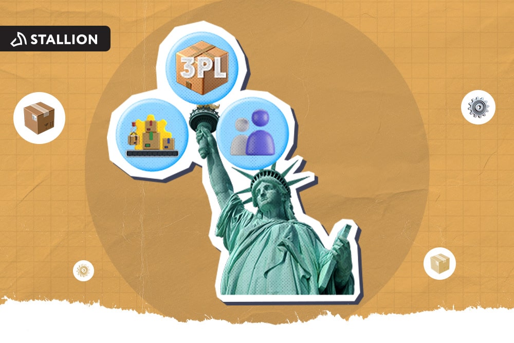 The statue of liberty with a 3PL box, a two human icons, and a warehouse conveyor.