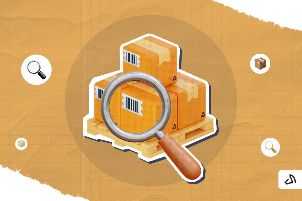 A magnifying glass looking at the SKU number of a box