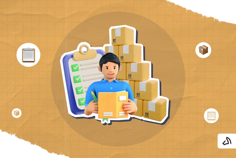 A man holding a notebook and a pencil with a stack of boxes and a checklist at the background