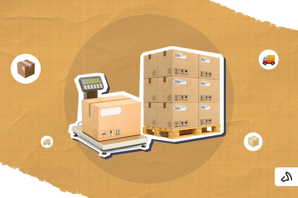 A shipping box weighed in front of a stack of shipping boxes.