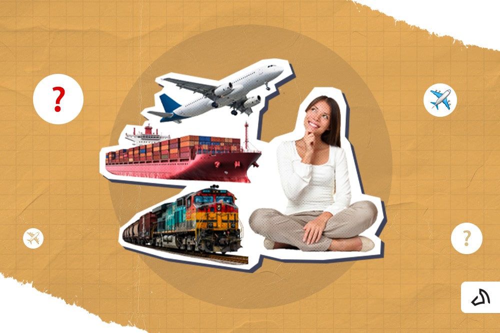 A smiling woman with an airplane, a cargo ship, and a train on the left