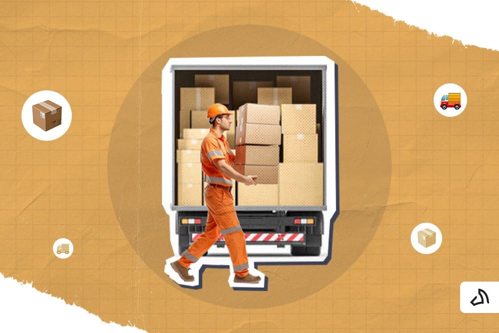 A warehouse staff carrying a stack of boxes