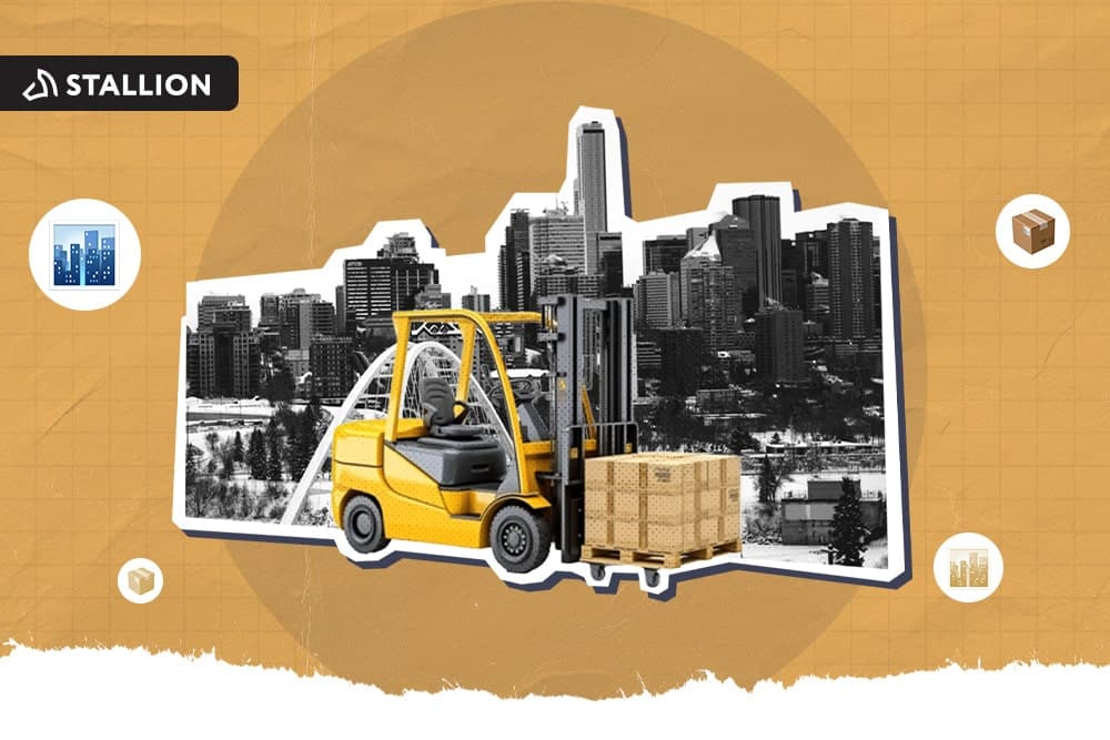 A yellow forklift carrying a stack of boxes