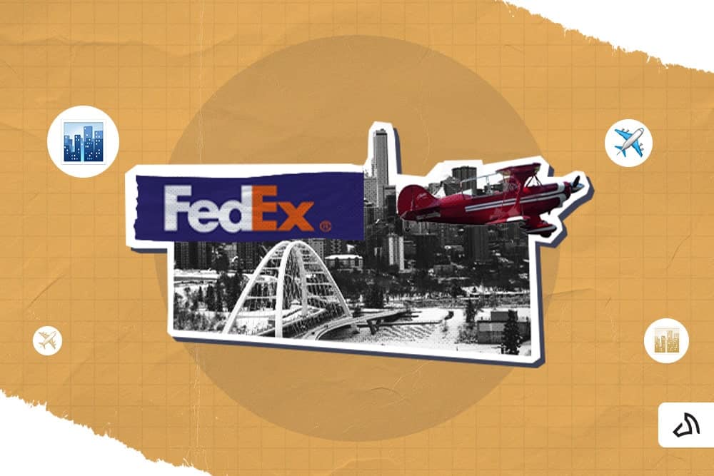 FedEx banner carried by red propeller aircraft