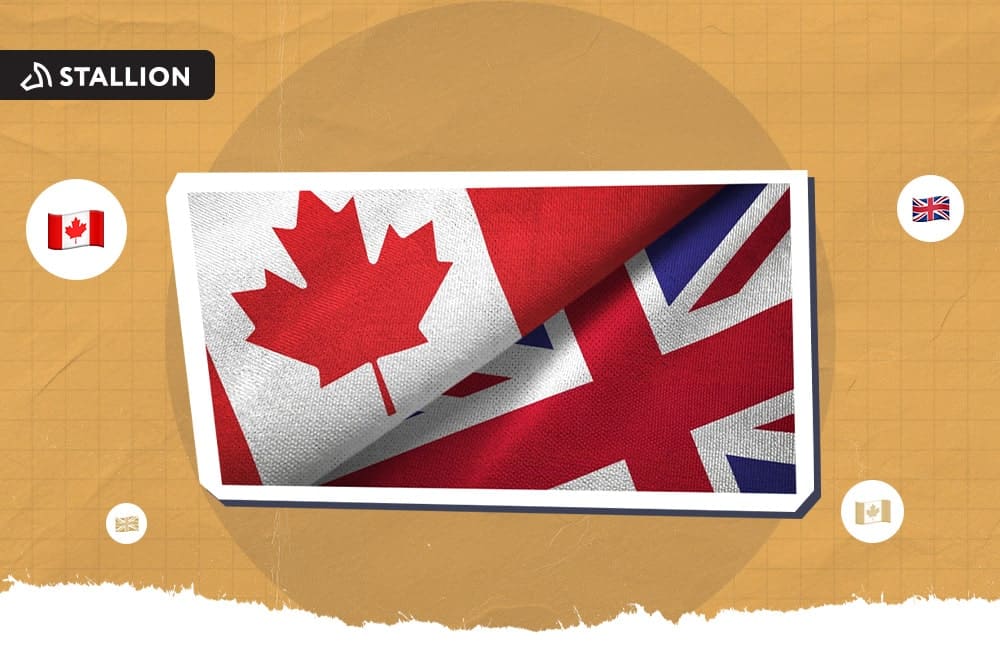 Folded Canada flag overlaps on the UK flag.