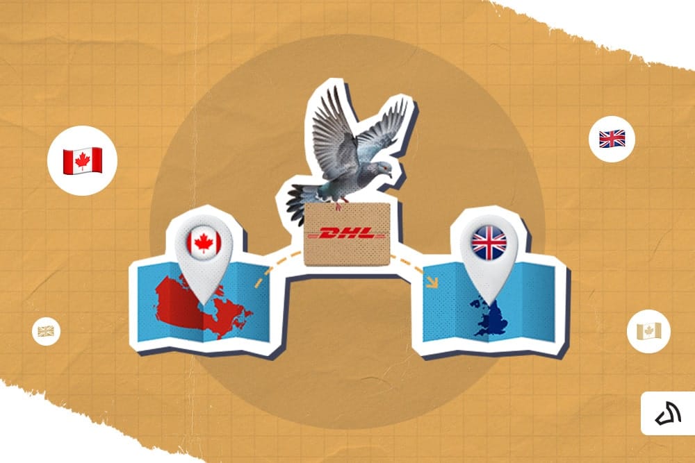 Gray pigeon carrying a parcel with DHL logo between maps of Canada and the UK.
