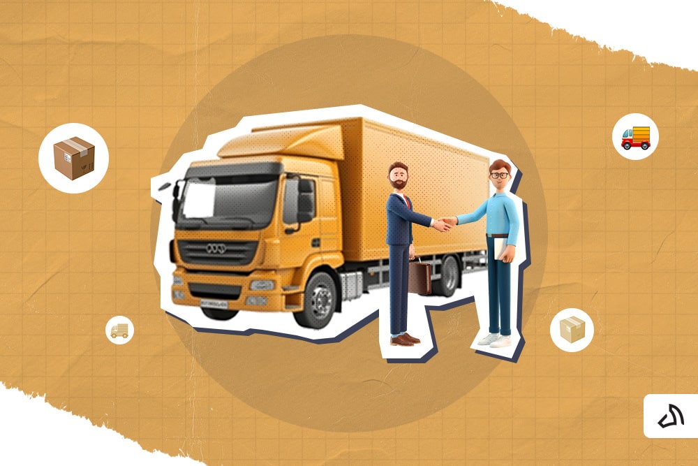 Two people shaking hands. A yellow delivery back at the back.