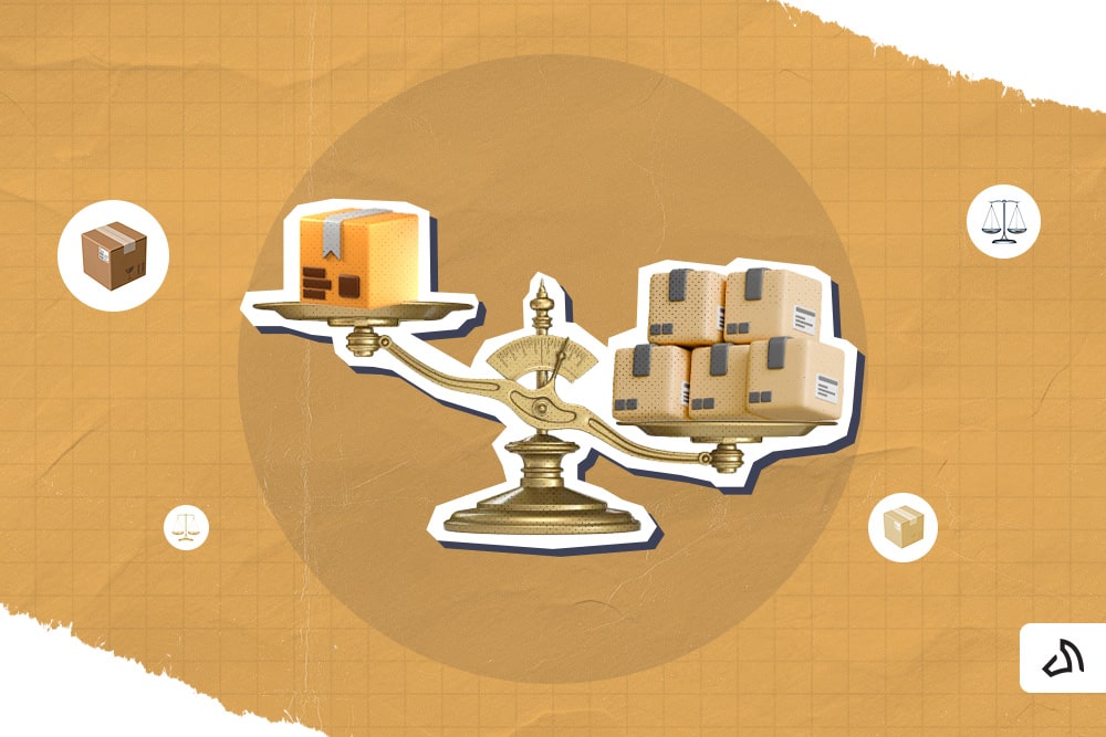 3D-graphic balance scale with one box on the left and five boxes on the right