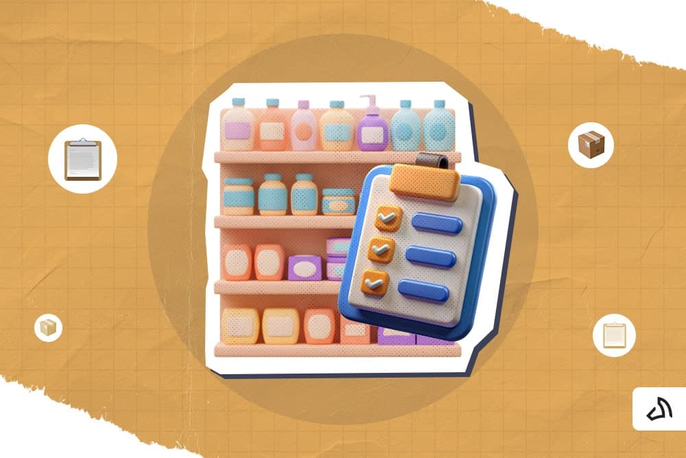 3D-graphic storage with various items and a checklist on the side