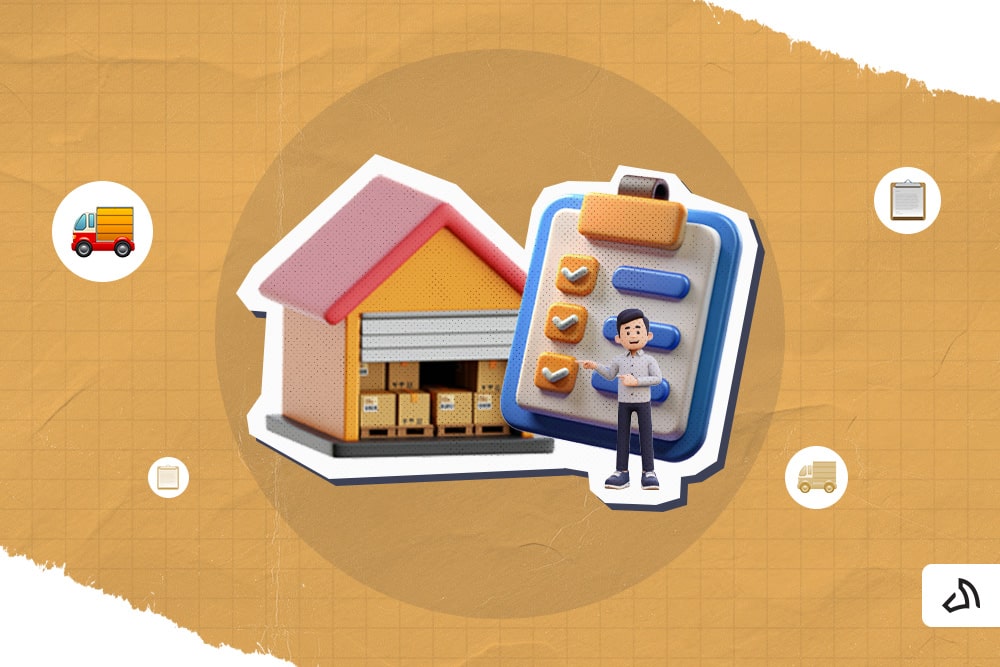 A 3D-image of a checklist with a warehouse behind it