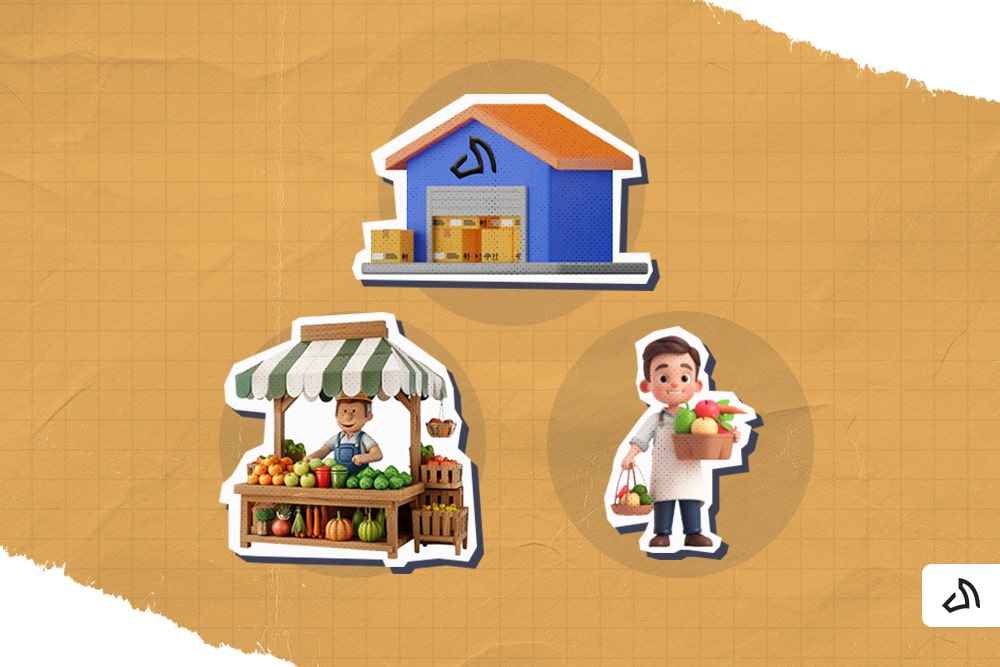 A 3D-image of the Stallion warehouse, a vendor, and a shopper