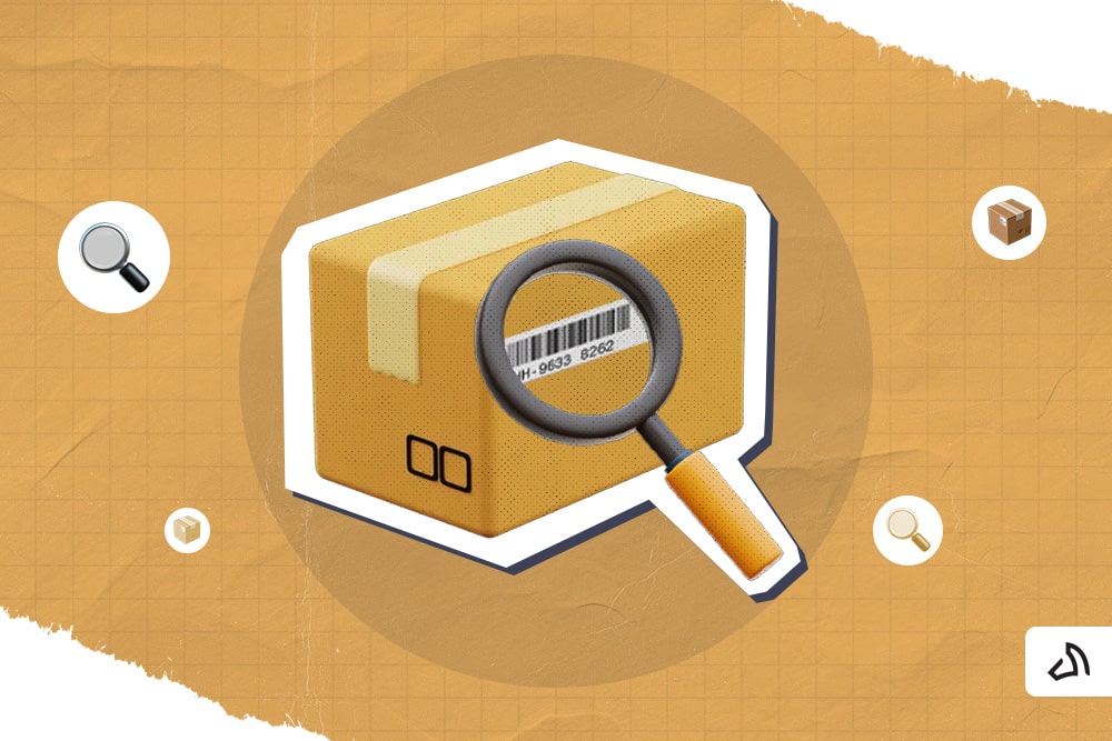 A box with a code magnified by a magnifying glass