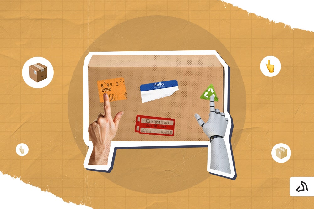 A box with stickers, one human hand pointing at the right and a robot hand at the left