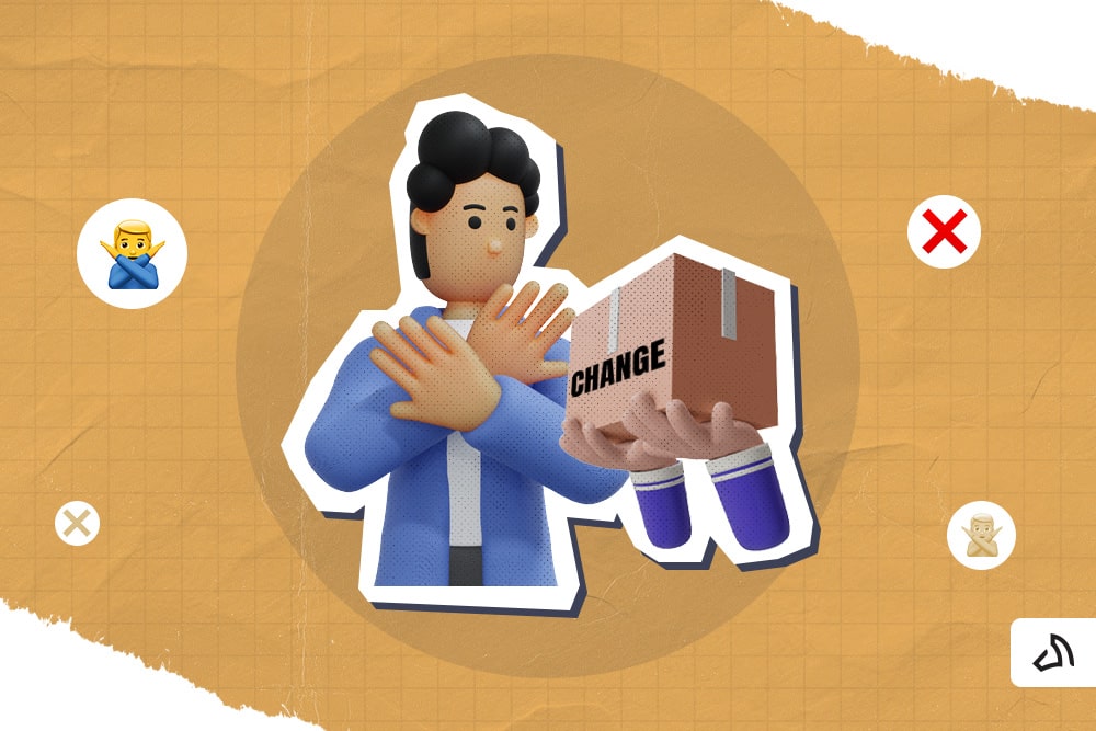 Une personne croisant les bras avec une paire de mains offrant une boîte estampillée "CHANGE"