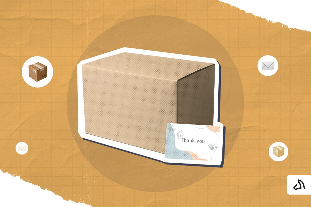 A plain brown box with a "Thank You" card beside it