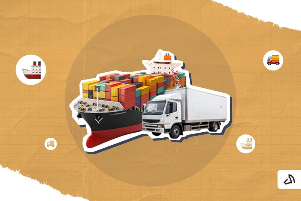 A shipping container with a white delivery truck beside it