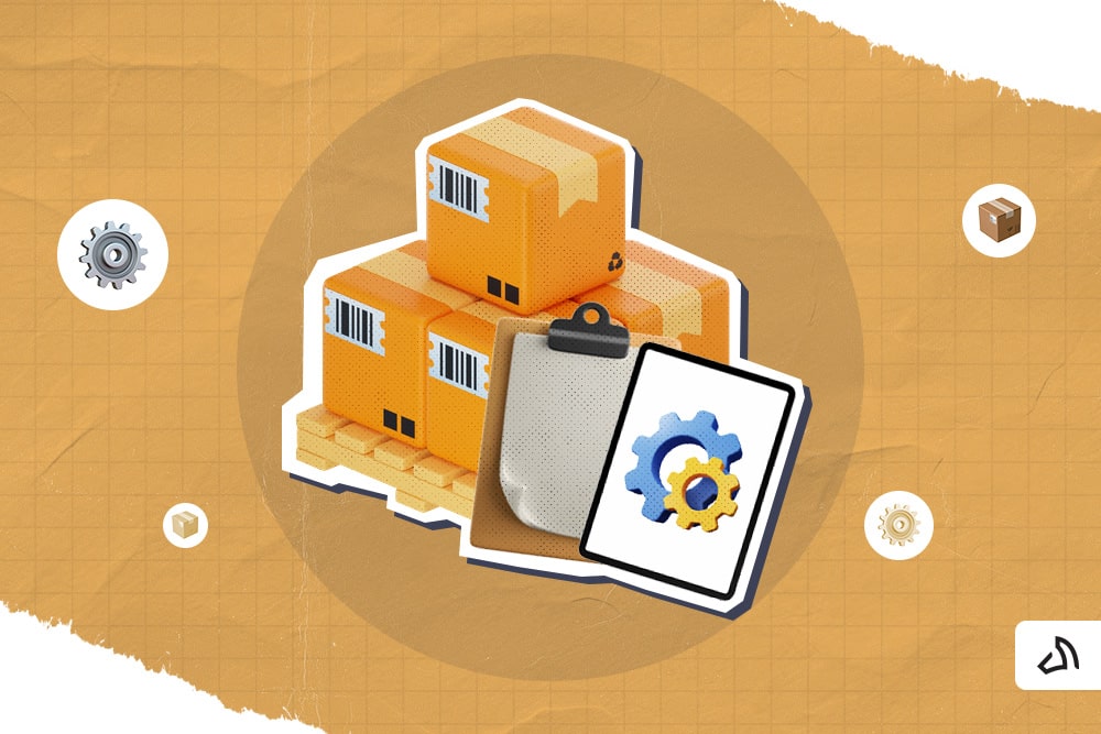 A stack of boxes on a pallet with a clipboard and a tablet