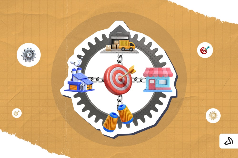 Un fil, une usine, un entrepôt, un magasin de détail et un œil de bœuf devant un engrenage