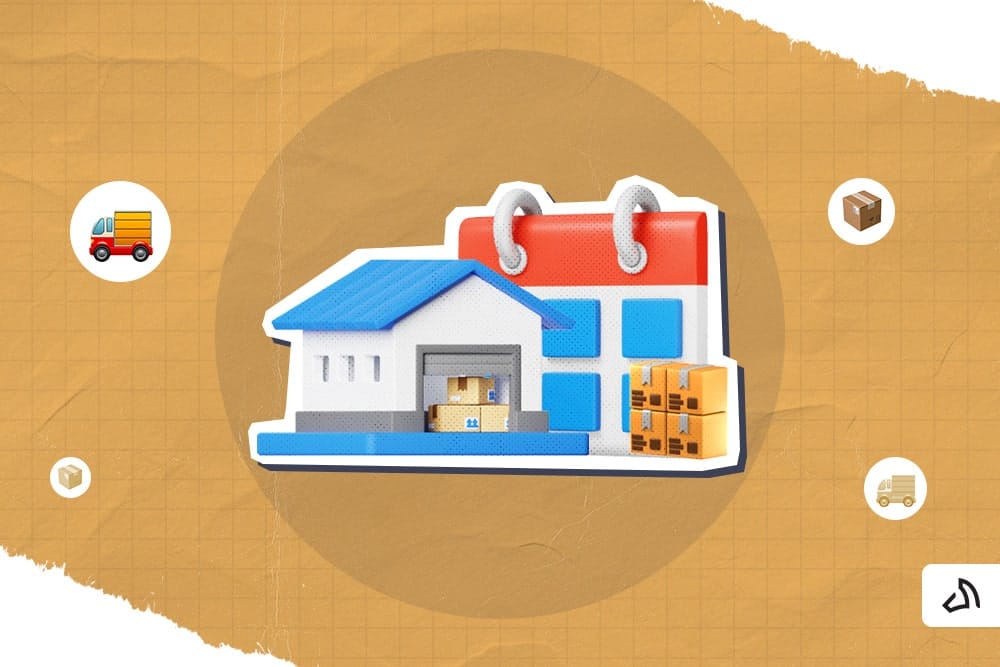 A warehouse with a calendar behind it