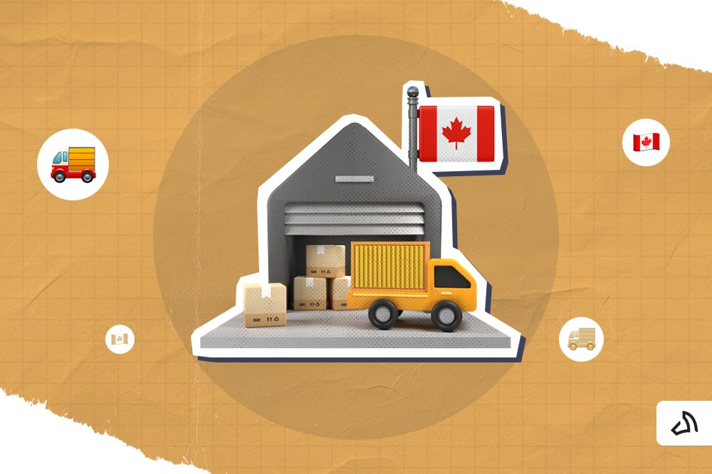 A warehouse with a yellow delivery truck and the Canadian flag
