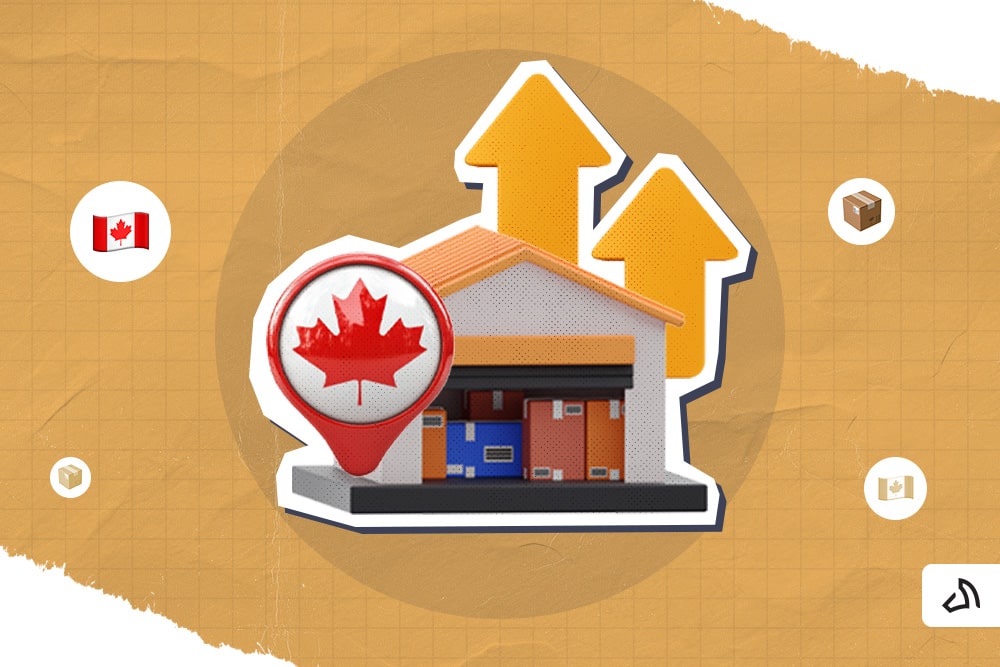 A warehouse with the Canadian location pin and two arrows up
