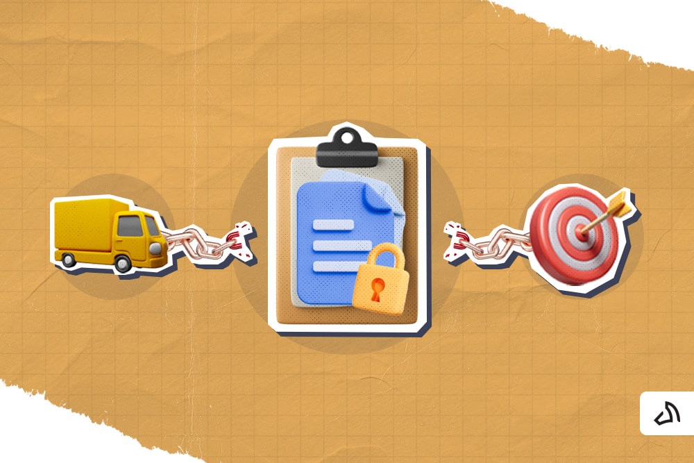 Une livraison jaune, un presse-papiers avec un cadenas, un œil de bœuf, reliés par un lien brisé