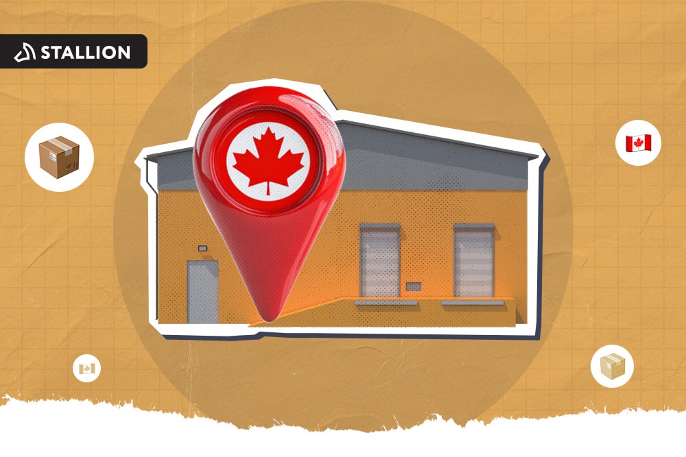 An orange warehouse with the Canadian location pin