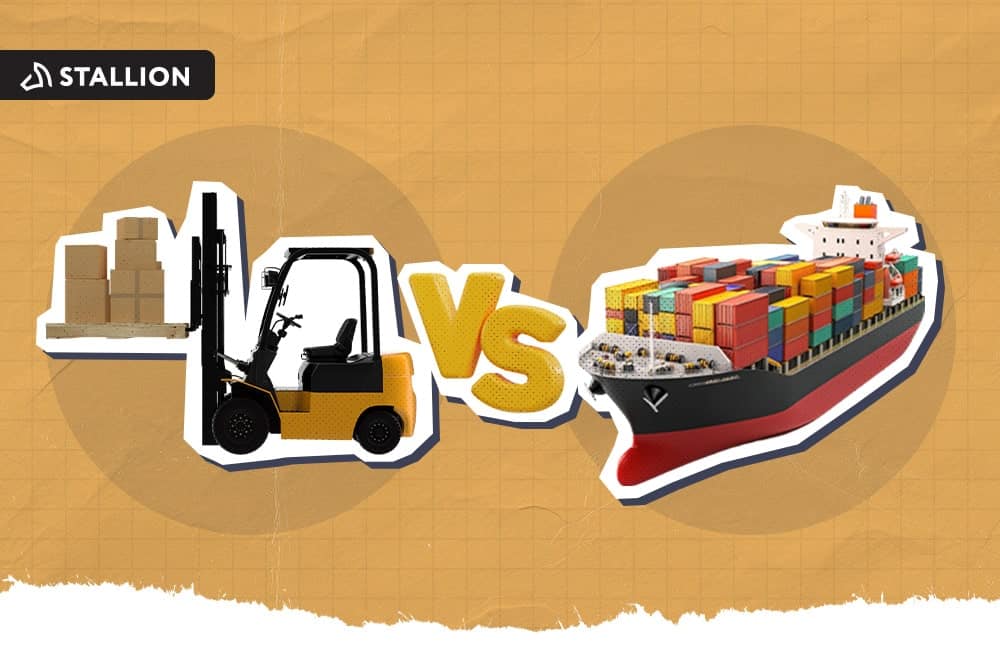 A forklift carrying packages vs a ship carrying shipping containers