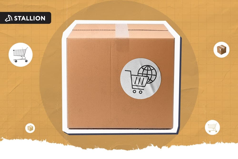 A box with a white circle sticker of a globe and a shopping cart