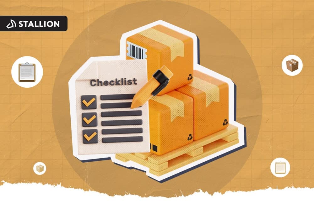 Three 3D-graphic boxes on top of a pallet with a checklist