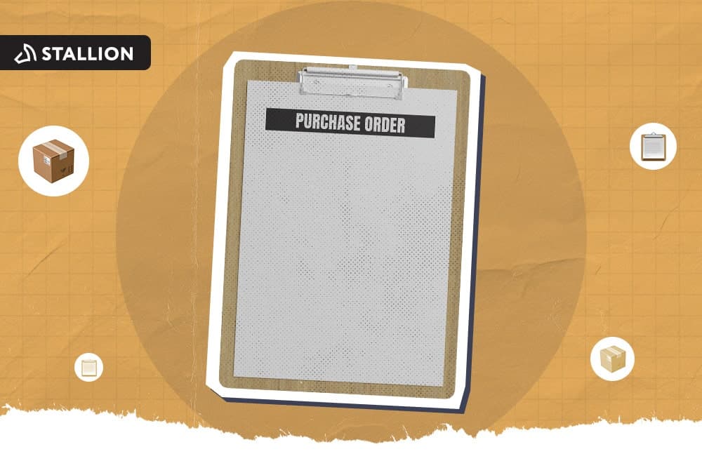 A clipboard with a text "PURCHASE ORDER"
