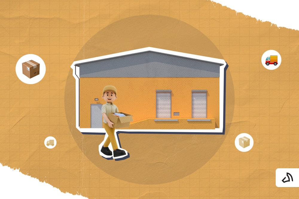 Personne portant un kit et marchant devant un entrepôt