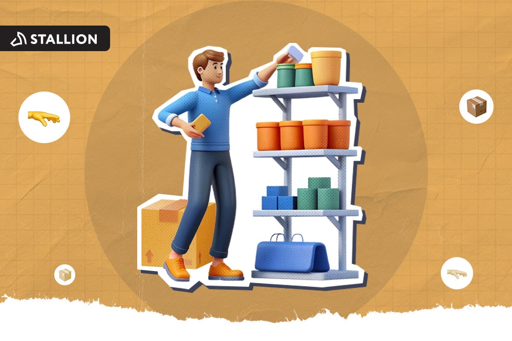 A 3D-graphic man is picking an item from the back with a small box behind him