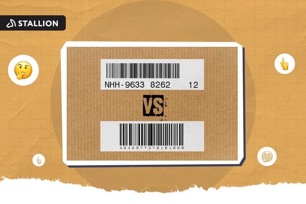 A carton with a UPC below the SKU code and a VS in between