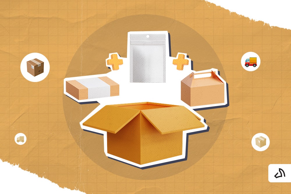 Trois petits paquets de formes différentes et une grande boîte ouverte